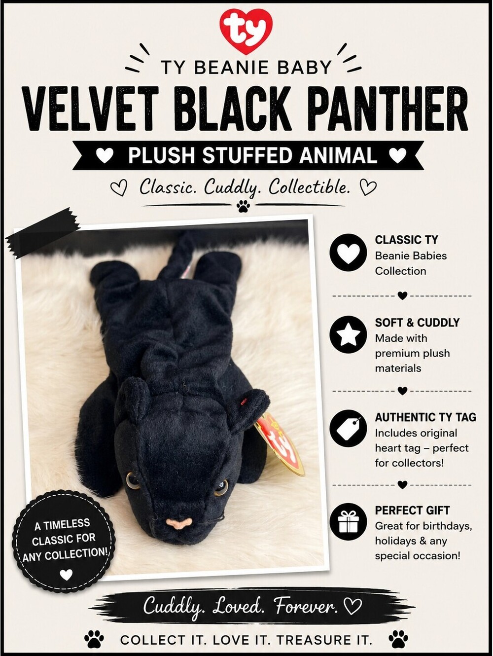 Ty Beanie Baby Velvet Black Panther Plush Stuffed Animal